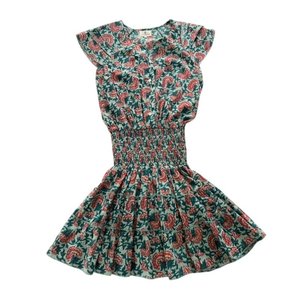 Perry Walker Smocked Mini Dress Green Pink Tier Size 2 XS Floral Motif